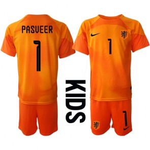 Netherlands Remko Pasveer #1 Goalkeeper Replica Away Stadium Kit for Kids World Cup 2022 Short Sleeve (+ pants)
